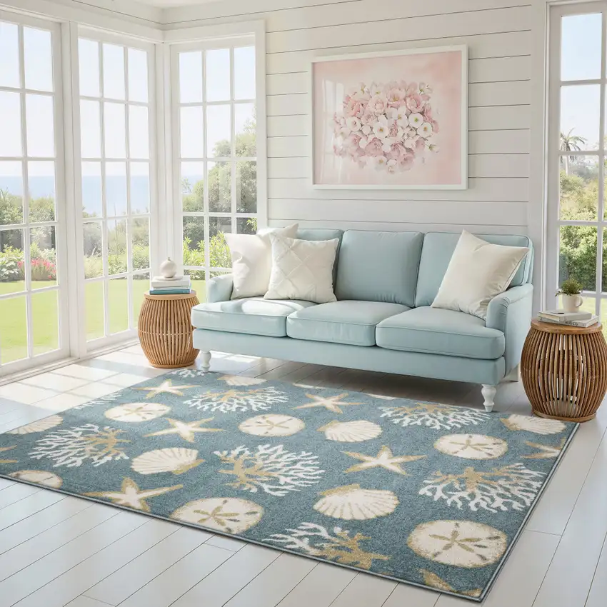 Blue And Beige Seashell and Coral Area Rug Photo 5