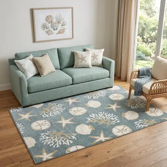 Blue And Beige Seashell and Coral Area Rug Photo 1