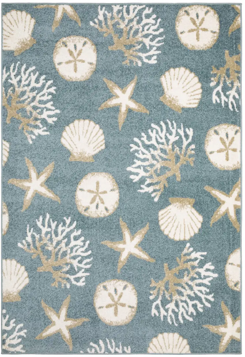 Blue And Beige Seashell and Coral Area Rug Photo 2