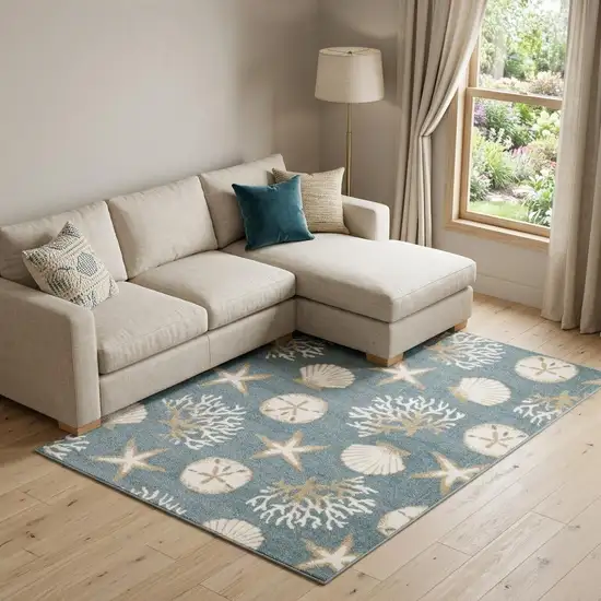 Blue And Beige Seashell and Coral Area Rug Photo 1