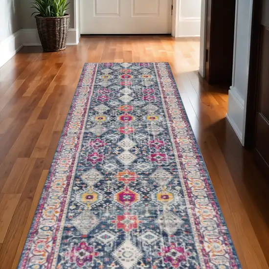 Blue And Beige Southwestern Runner Rug Photo 1