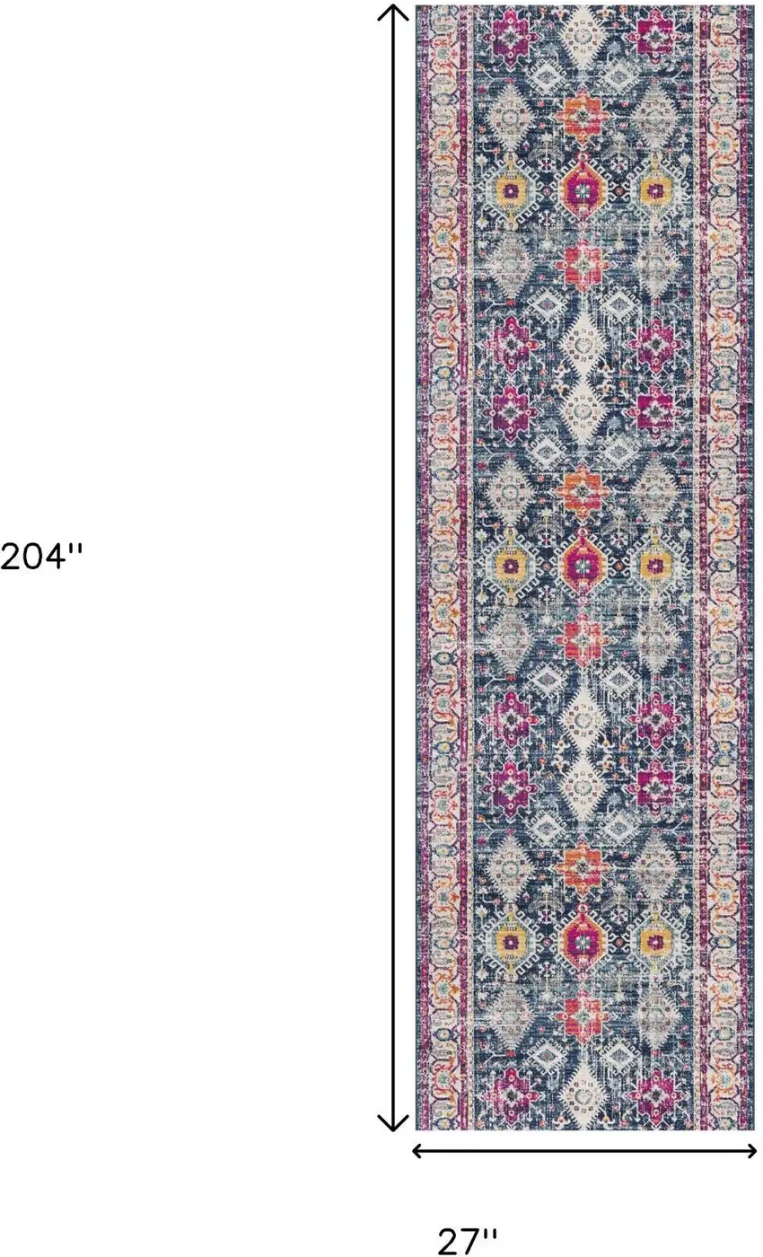 Blue And Beige Southwestern Runner Rug Photo 7