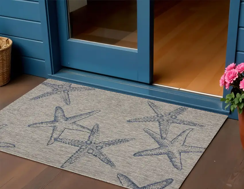 Blue And Beige Starfish Square Rug Photo 1