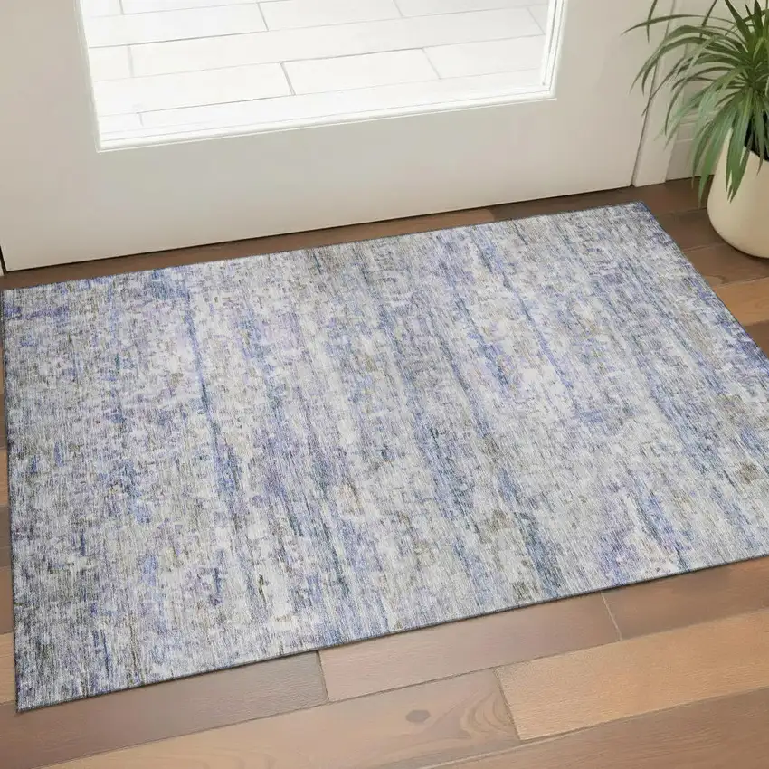 Blue And Beige Striped Washable Area Rug With UV Protection Photo 1