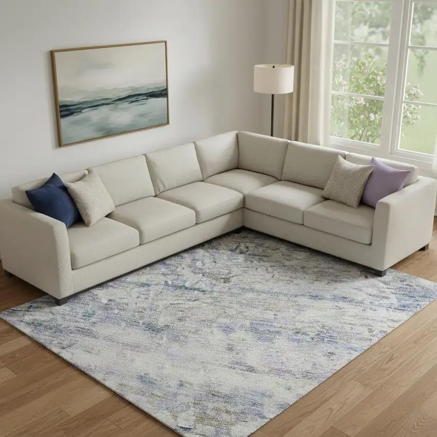 Blue And Beige Striped Washable Area Rug With UV Protection Photo 2