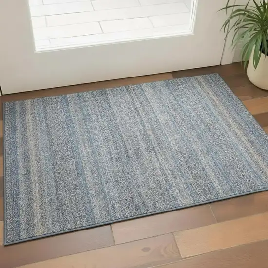Blue And Beige Striped Washable Area Rug With UV Protection Photo 2