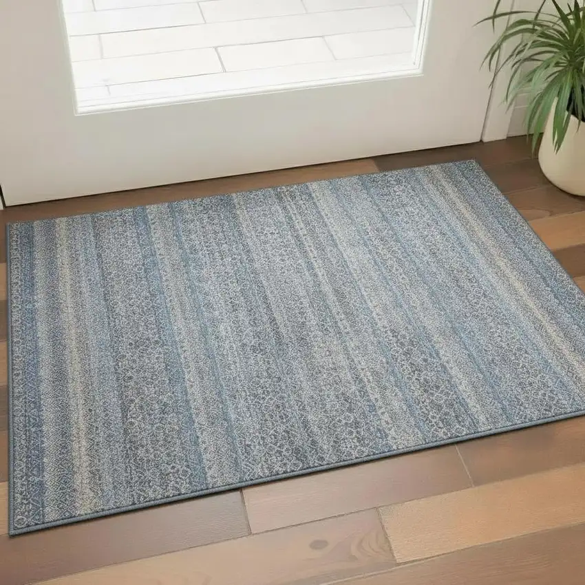 Blue And Beige Striped Washable Area Rug With UV Protection Photo 2