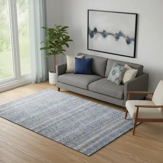 Blue And Beige Striped Washable Area Rug With UV Protection Photo 2