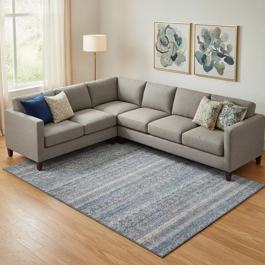 Blue And Beige Striped Washable Area Rug With UV Protection Photo 2