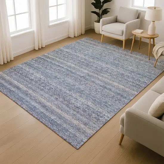 Blue And Beige Striped Washable Area Rug With UV Protection Photo 6
