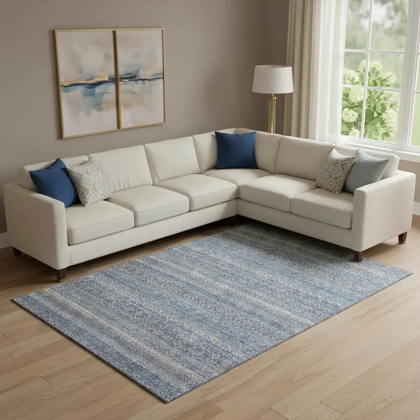 Blue And Beige Striped Washable Area Rug With UV Protection Photo 2