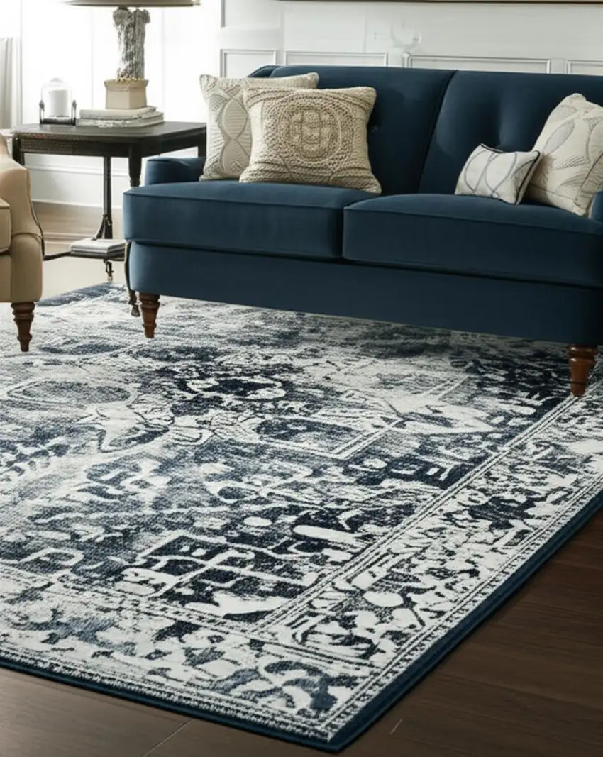 Blue And Beige Tribal Washable Area Rug With UV Protection Photo 1