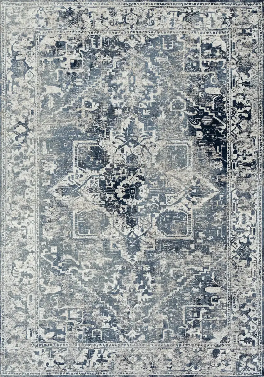 Blue And Beige Tribal Washable Area Rug With UV Protection Photo 2