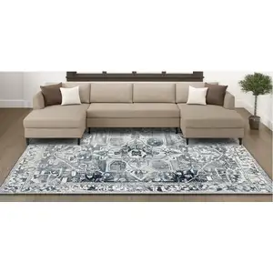 Photo of Blue And Beige Tribal Washable Area Rug With UV Protection
