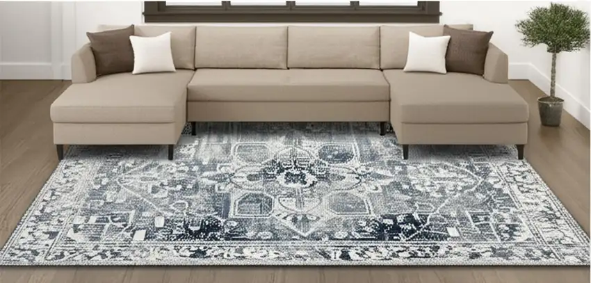 Blue And Beige Tribal Washable Area Rug With UV Protection Photo 1