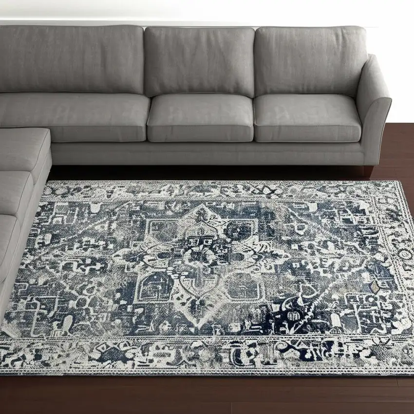 Blue And Beige Tribal Washable Area Rug With UV Protection Photo 1