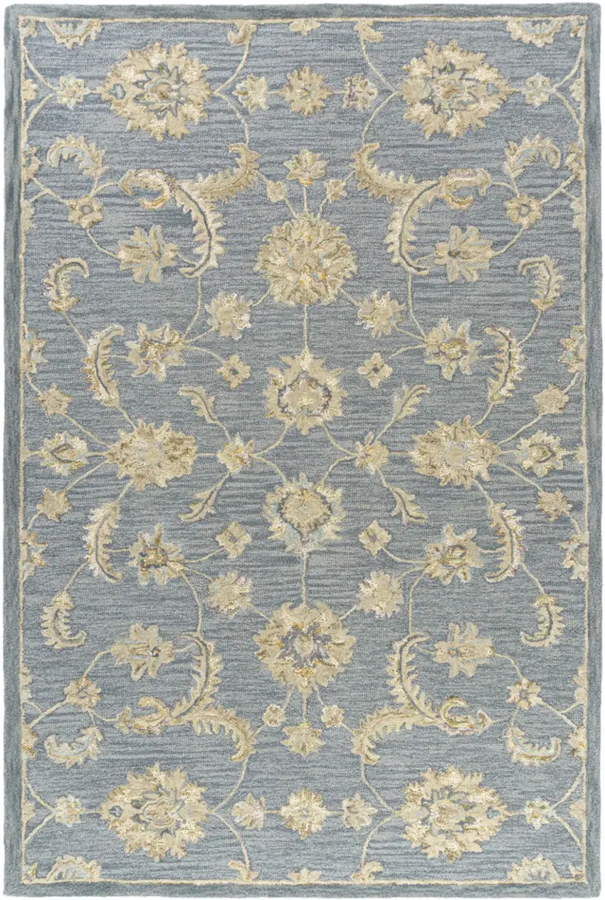 Blue And Beige Wool Floral Hand Tufted Square Rug Photo 2