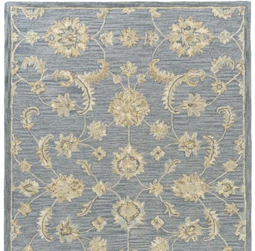 Blue And Beige Wool Floral Hand Tufted Square Rug Photo 5