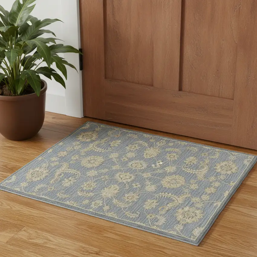 Blue And Beige Wool Floral Hand Tufted Square Rug Photo 1