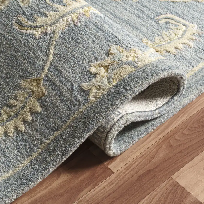 Blue And Beige Wool Floral Hand Tufted Square Rug Photo 8