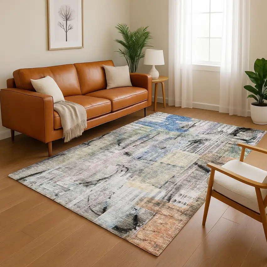 Blue And Black Abstract Washable Area Rug With UV Protection Photo 5