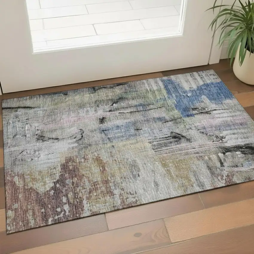 Blue And Black Abstract Washable Area Rug With UV Protection Photo 2
