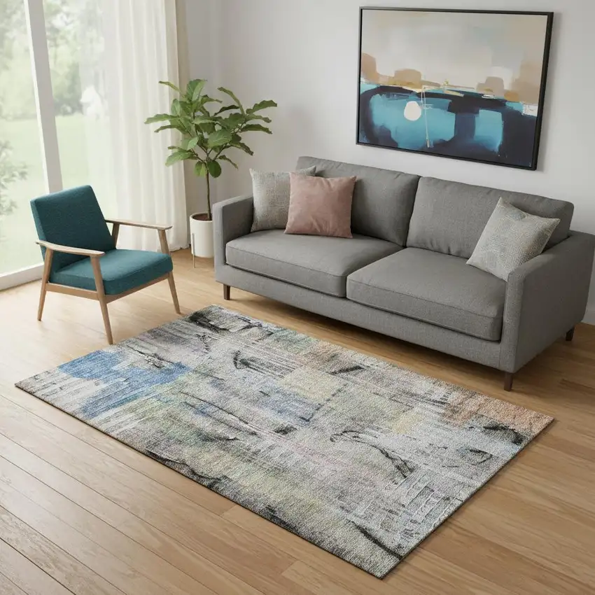 Blue And Black Abstract Washable Area Rug With UV Protection Photo 2