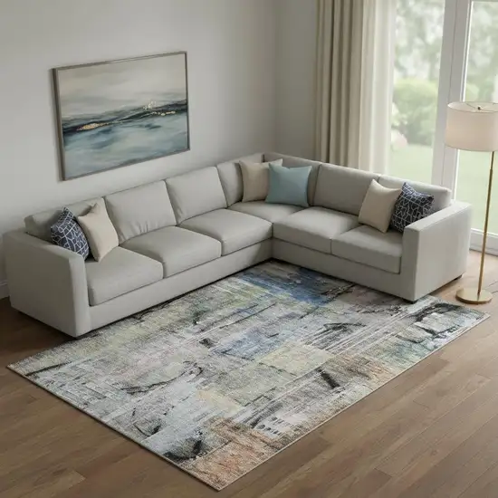 Blue And Black Abstract Washable Area Rug With UV Protection Photo 2