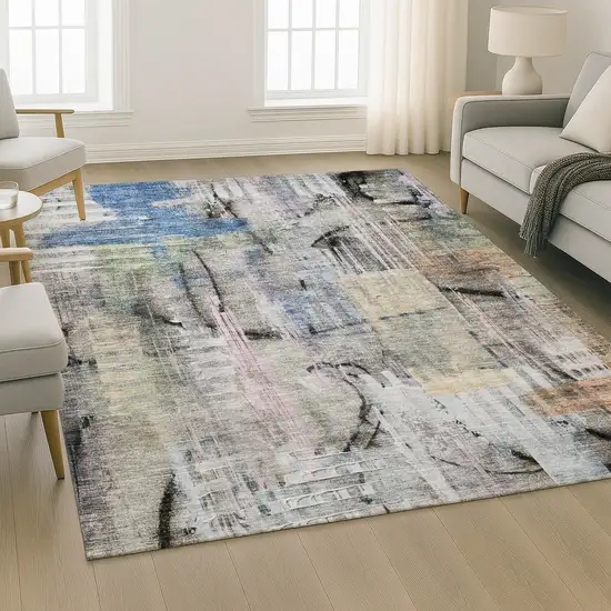 Blue And Black Abstract Washable Area Rug With UV Protection Photo 6