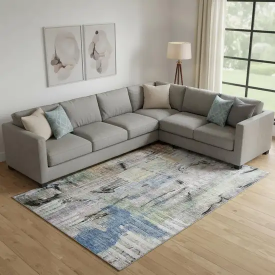 Blue And Black Abstract Washable Area Rug With UV Protection Photo 2