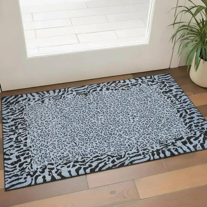 Blue And Black Animal Print Washable Area Rug With UV Protection Photo 2