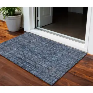 Photo of Blue And Black Damask Washable Indoor Outdoor Area Rug