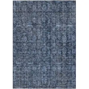 Photo of Blue And Black Damask Washable Indoor Outdoor Area Rug