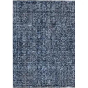 Photo of Blue And Black Damask Washable Indoor Outdoor Area Rug