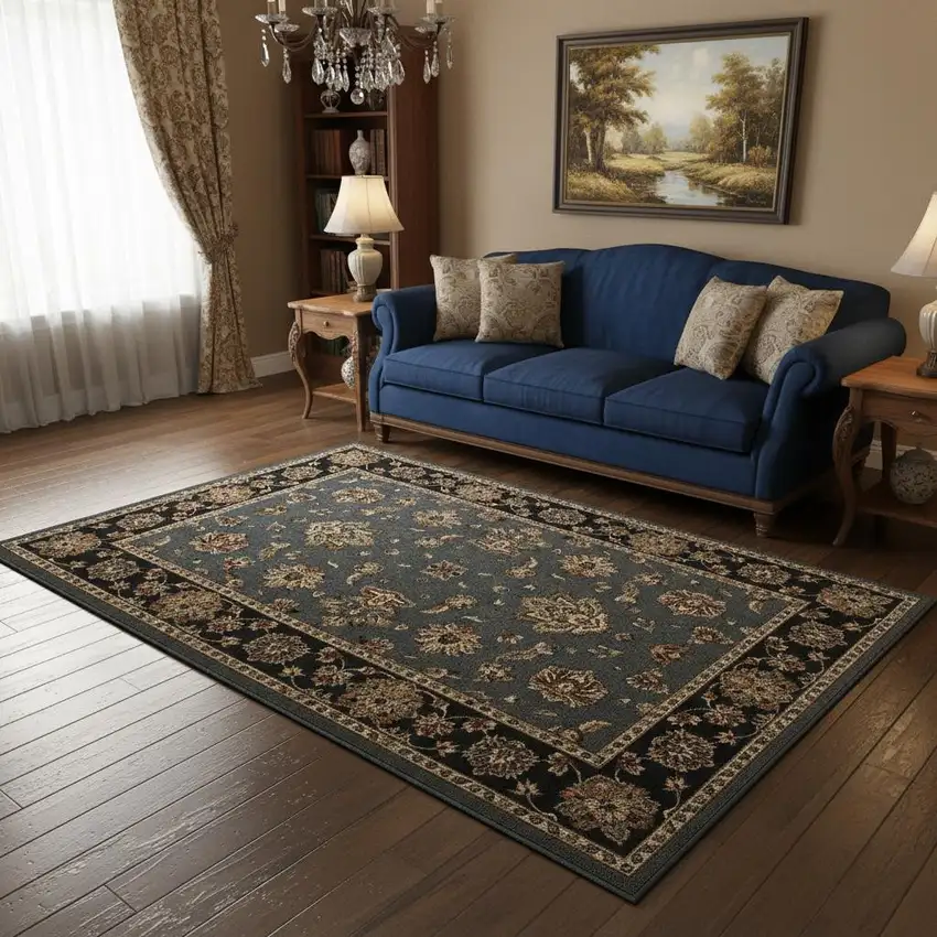 Blue And Black Floral Area Rug Photo 1