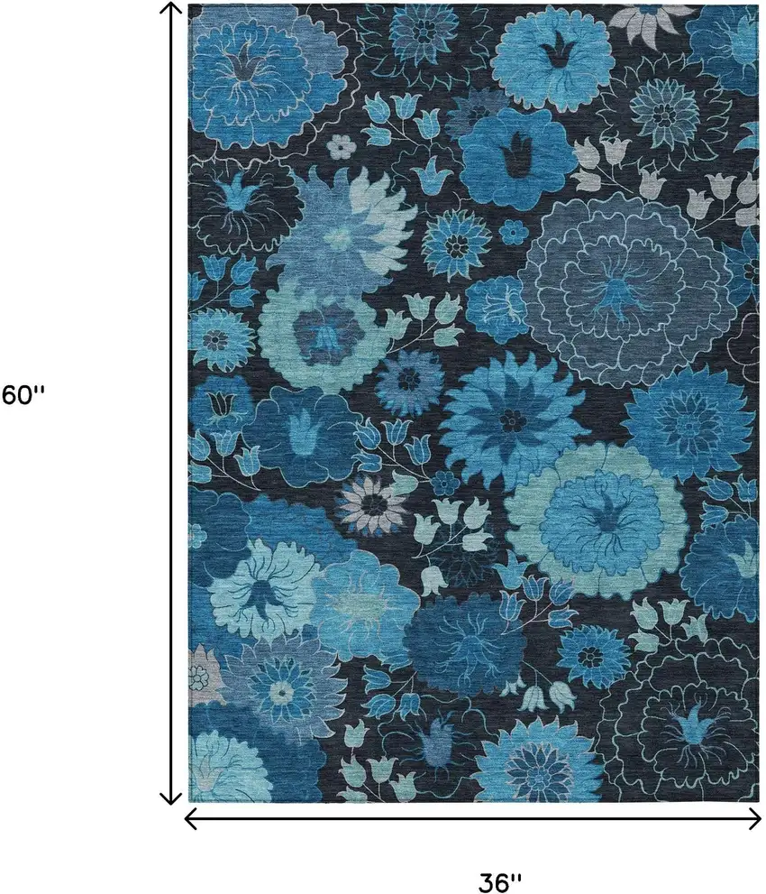 Blue And Black Floral Washable Indoor Outdoor Area Rug Photo 3