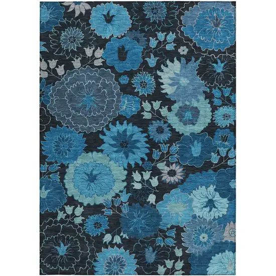 Blue And Black Floral Washable Indoor Outdoor Area Rug Photo 5