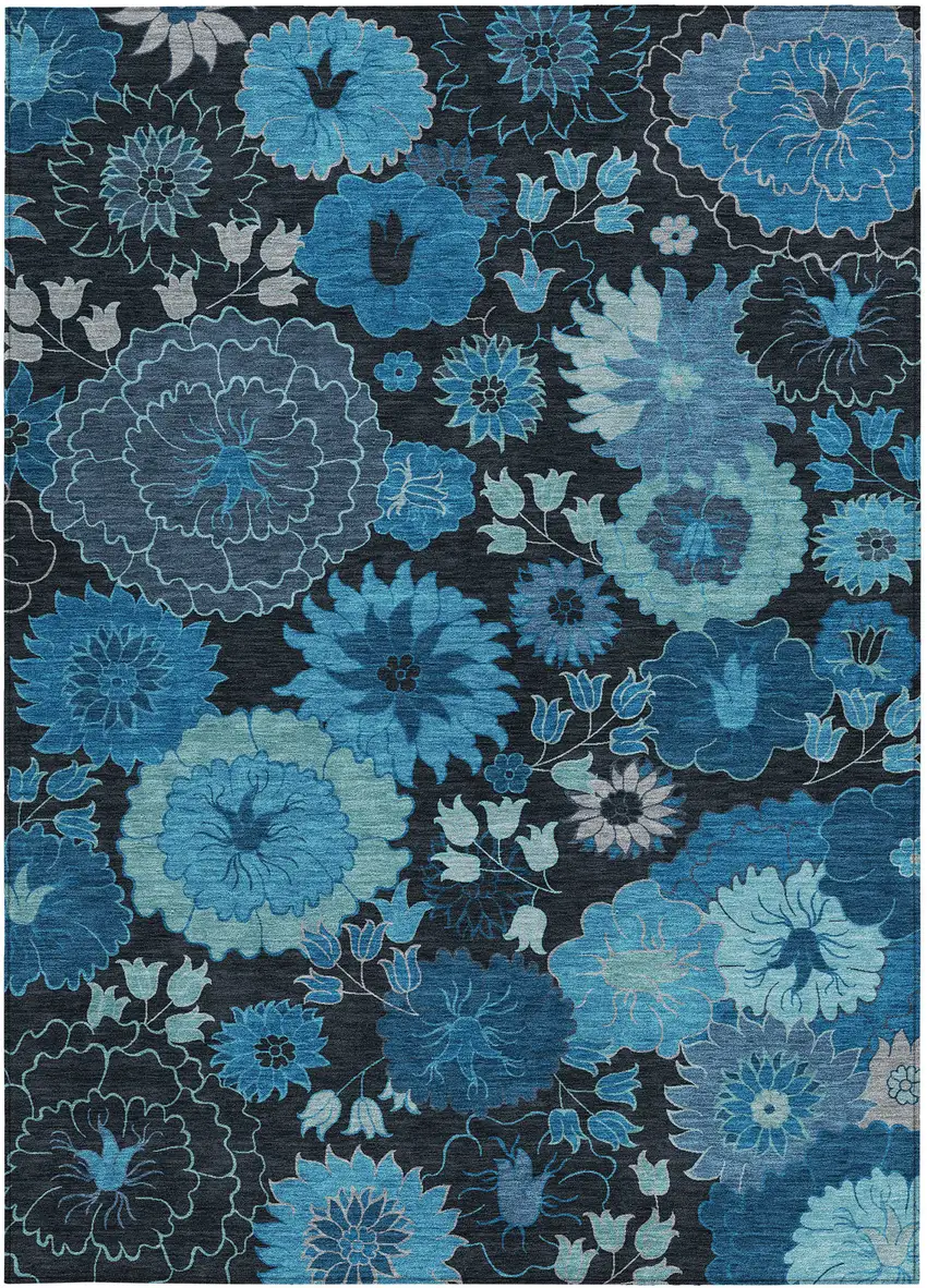 Blue And Black Floral Washable Indoor Outdoor Area Rug Photo 5