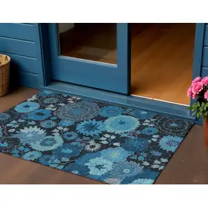 Photo of Blue And Black Floral Washable Indoor Outdoor Area Rug