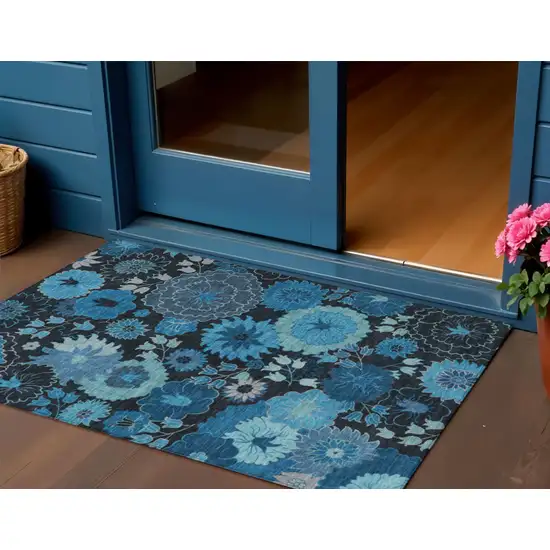 Blue And Black Floral Washable Indoor Outdoor Area Rug Photo 1