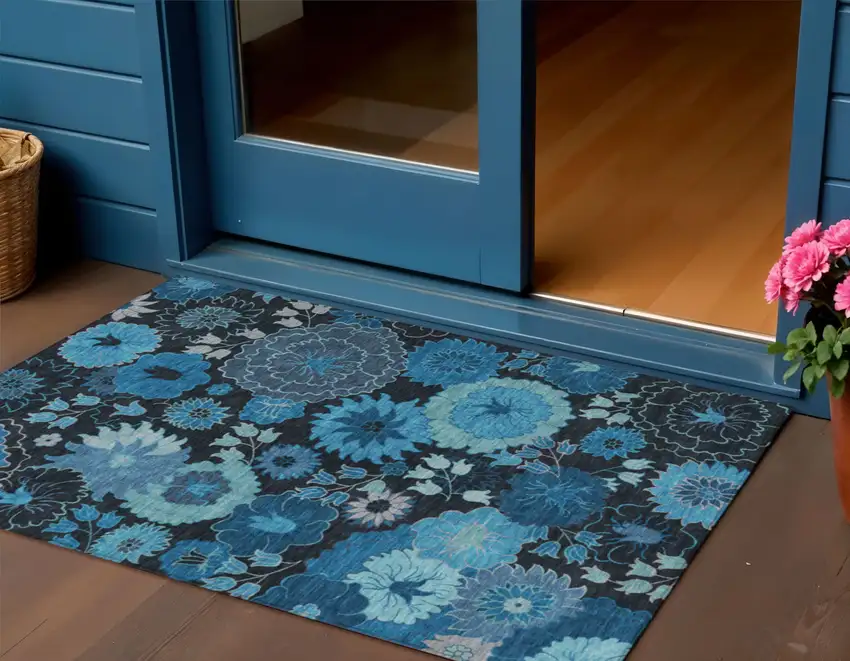 Blue And Black Floral Washable Indoor Outdoor Area Rug Photo 1