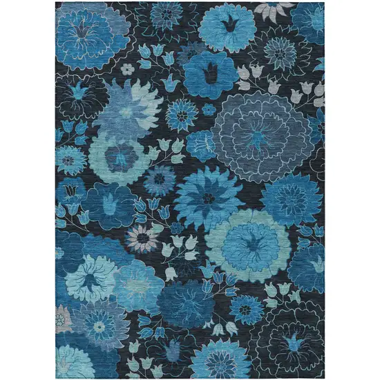 Blue And Black Floral Washable Indoor Outdoor Area Rug Photo 2