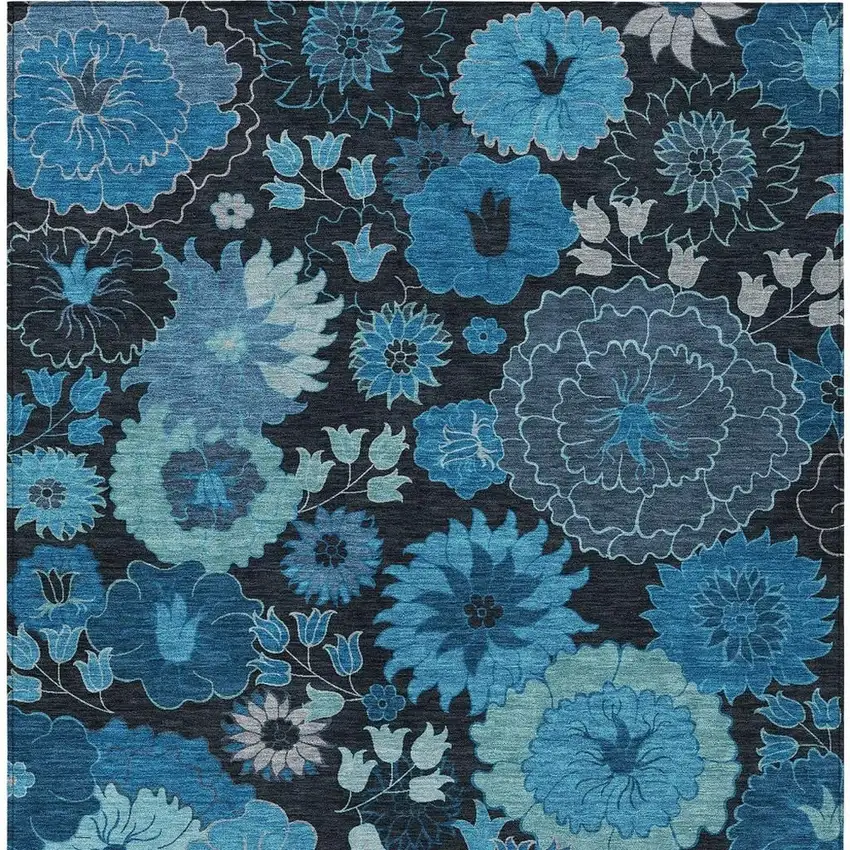 Blue And Black Floral Washable Indoor Outdoor Area Rug Photo 4