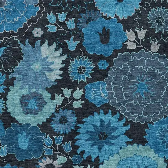 Blue And Black Floral Washable Indoor Outdoor Area Rug Photo 7