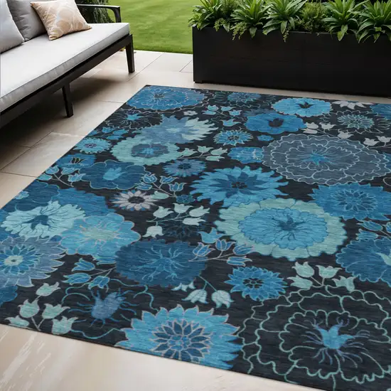 Blue And Black Floral Washable Indoor Outdoor Area Rug Photo 1