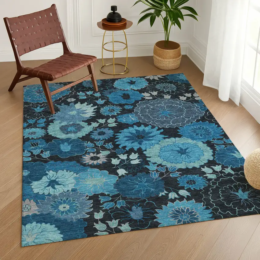 Blue And Black Floral Washable Indoor Outdoor Area Rug Photo 9