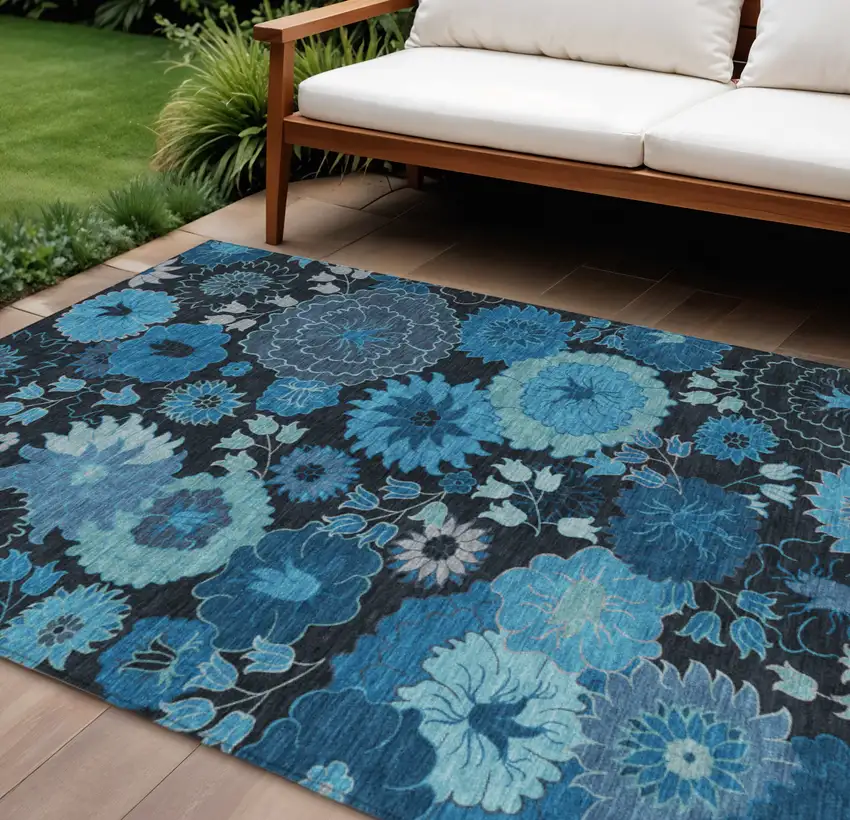 Blue And Black Floral Washable Indoor Outdoor Area Rug Photo 1