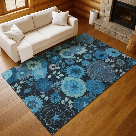 Blue And Black Floral Washable Indoor Outdoor Area Rug Photo 9