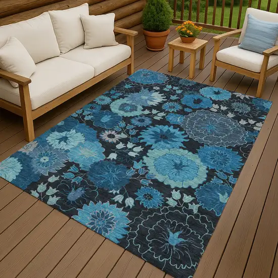 Blue And Black Floral Washable Indoor Outdoor Area Rug Photo 9