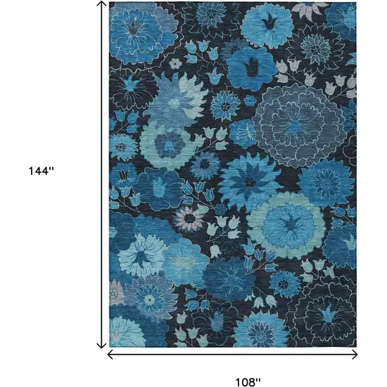 Blue And Black Floral Washable Indoor Outdoor Area Rug Photo 3